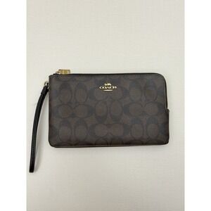 Coach F16109 Double Zip Wallet in Brown Black Signature Coated Canvas